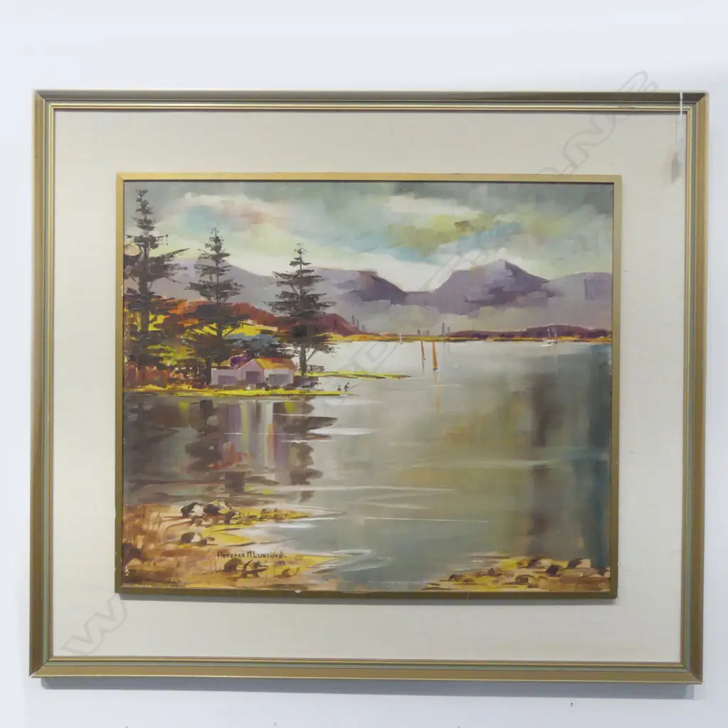 FLORENCE M. LUXFORD, LAKE TAUPO, OIL ON BOARD, SIGNED & DATED 1973, 505x600mm Image 1++