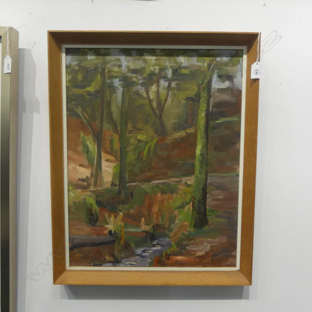 JUNE SHIEFF, FOREST LANDSCAPE, OIL ON BOARD '68 505x400mm Image 1++