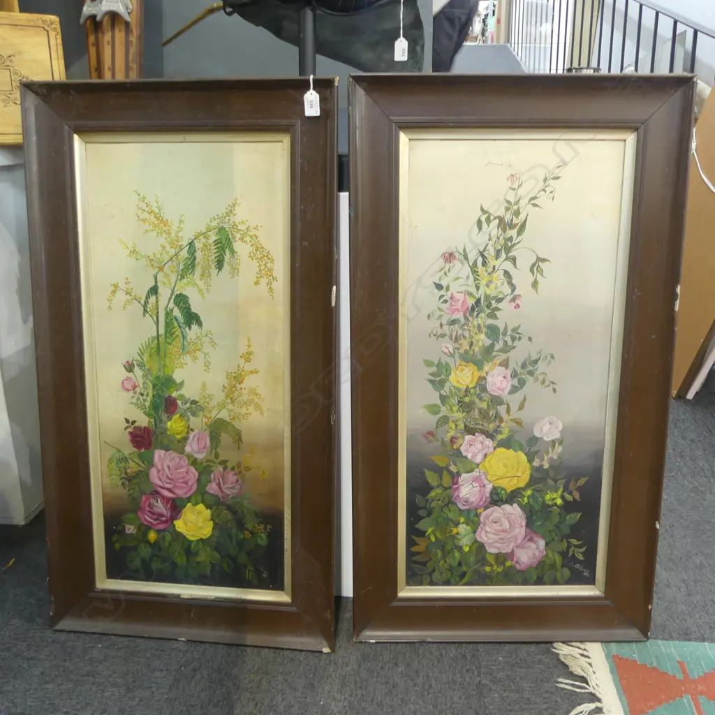 TWO VICTORIAN FLORAL OIL PTGS, H.780 x 340mm (ptgs & frames aged cond.) Image 1++