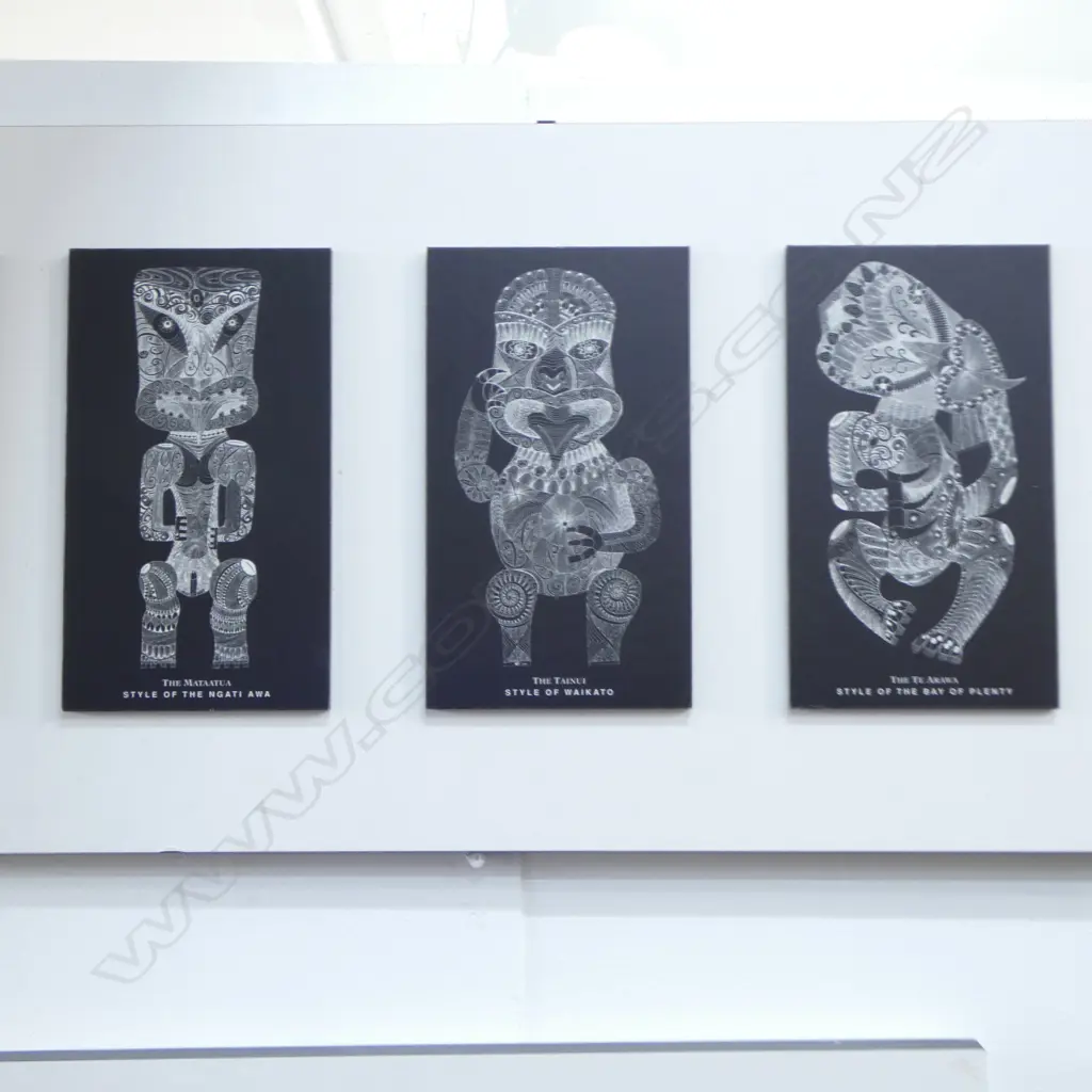 2 WORKS, ITI WAE WAE, EACH WITH 6 PANELS DEPICTING VARIOUS MAORI CARVING STYLES, ONE WITH BLURB by RONGO WETERE,345x1100 Image 1++