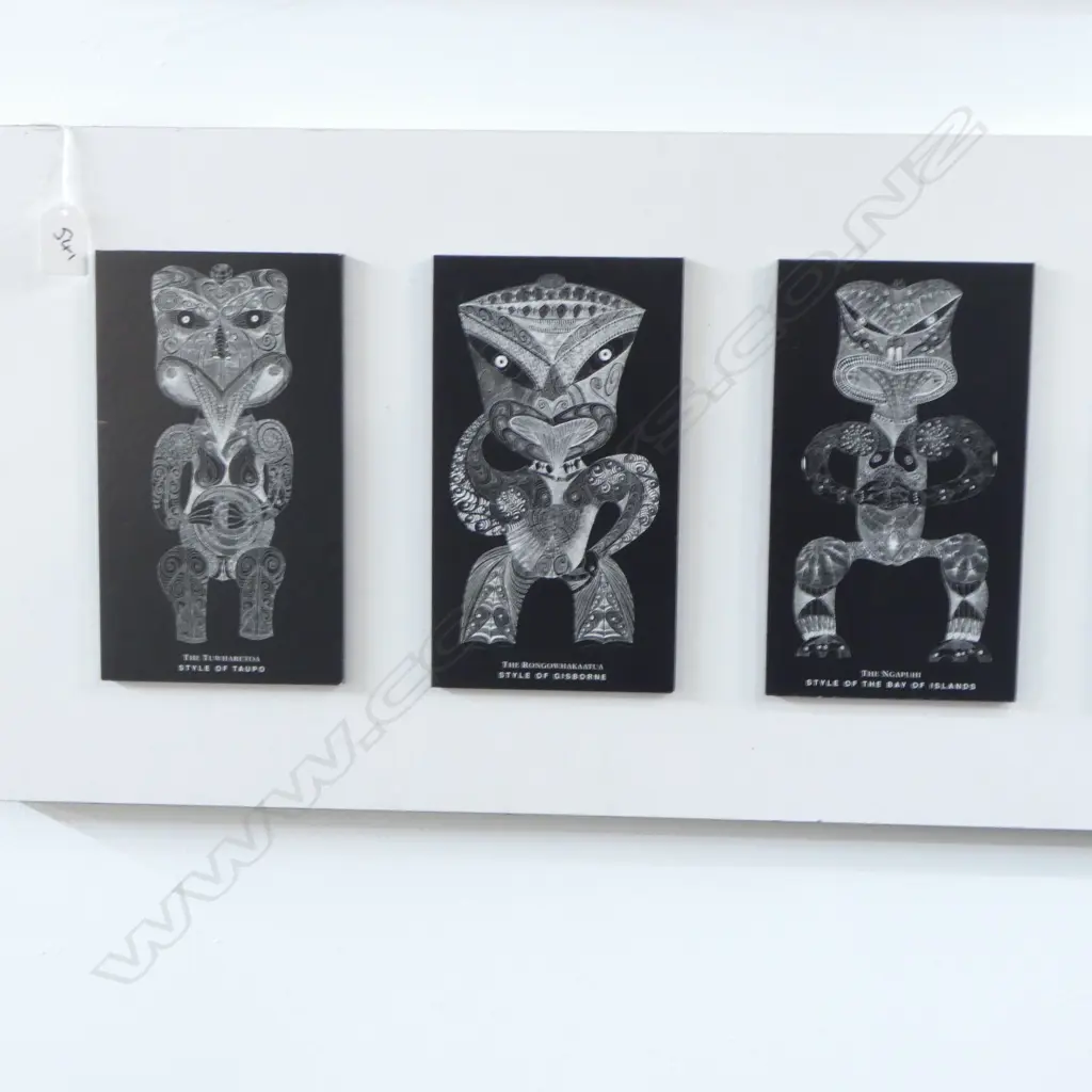 2 WORKS, ITI WAE WAE, EACH WITH 6 PANELS DEPICTING VARIOUS MAORI CARVING STYLES, ONE WITH BLURB by RONGO WETERE,345x1100 Image 1++
