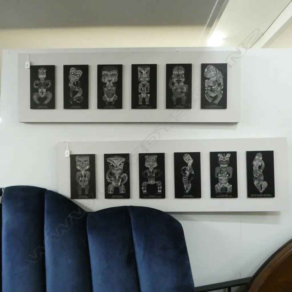 2 WORKS, ITI WAE WAE, EACH WITH 6 PANELS DEPICTING VARIOUS MAORI CARVING STYLES, ONE WITH BLURB by RONGO WETERE,345x1100 Image 1++