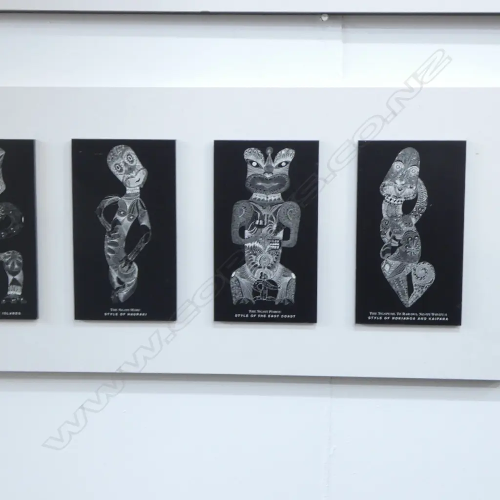 2 WORKS, ITI WAE WAE, EACH WITH 6 PANELS DEPICTING VARIOUS MAORI CARVING STYLES, ONE WITH BLURB by RONGO WETERE,345x1100 Image 1++