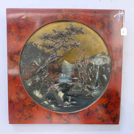 JAPANESE CARVED WOOD & LAQUER SENIC PICTURE H550 W540MM