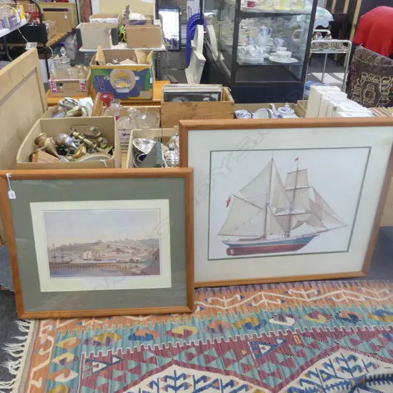 2 LARGE FRAMED PRINTS AUCKLAND HARBOUR & MODEL BOAT 
