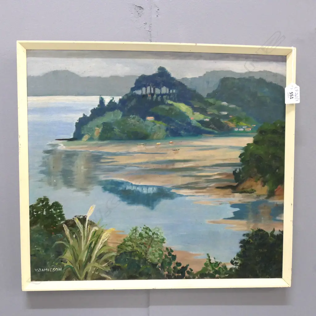 V. JAMIESON, COASTAL LANDSCAPE, OIL ON BOARD 405x460mm Image 1++