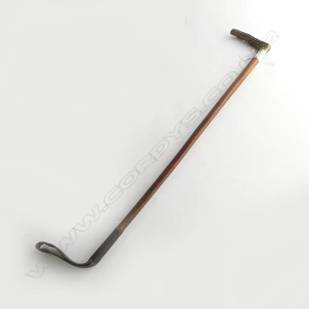 c.1900 MALACA CANE RIDING CROP w ANTLER HANDLE & SILVER COLLAR Birmingham 1904. L.800mm Image 1++