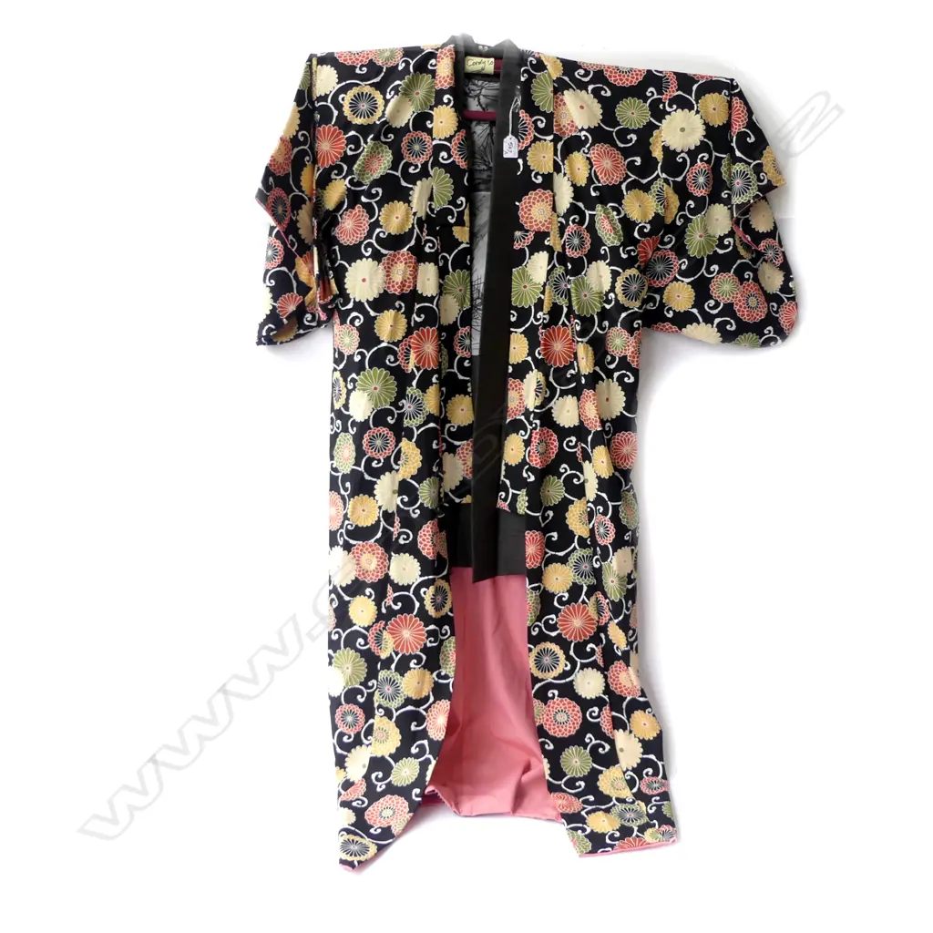 2 VINTAGE JAPANESE KIMONO: 1 w bright florals. 1 textured grey silk? Image 1++