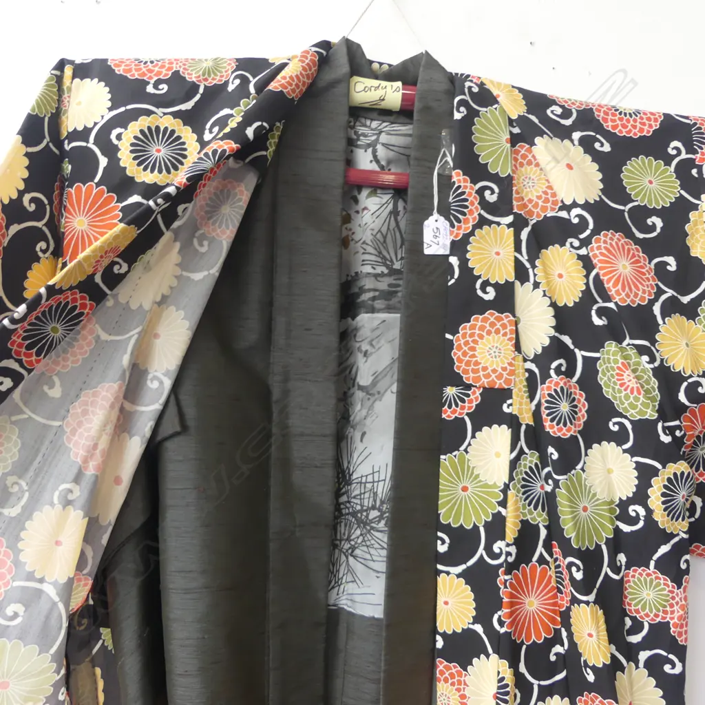 2 VINTAGE JAPANESE KIMONO: 1 w bright florals. 1 textured grey silk? Image 1++