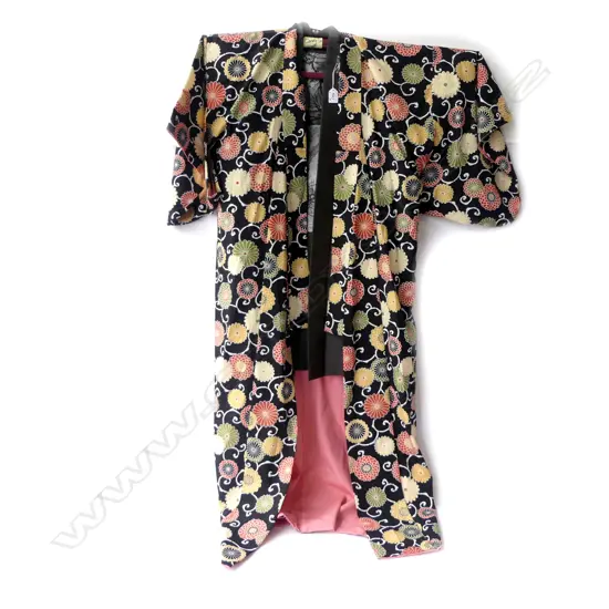 2 VINTAGE JAPANESE KIMONO: 1 w bright florals. 1 textured grey silk?