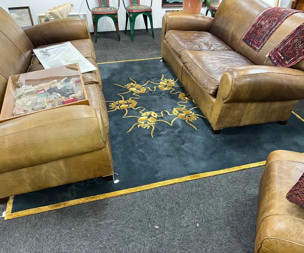 LARGE DESIGNER MACHINE knotted RUG with beetle design radiating in gold on dark blue grey 2280 x 2500mm. Image 1++