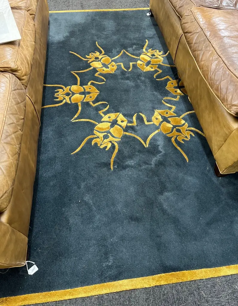 LARGE DESIGNER MACHINE knotted RUG with beetle design radiating in gold on dark blue grey 2280 x 2500mm. Image 1++