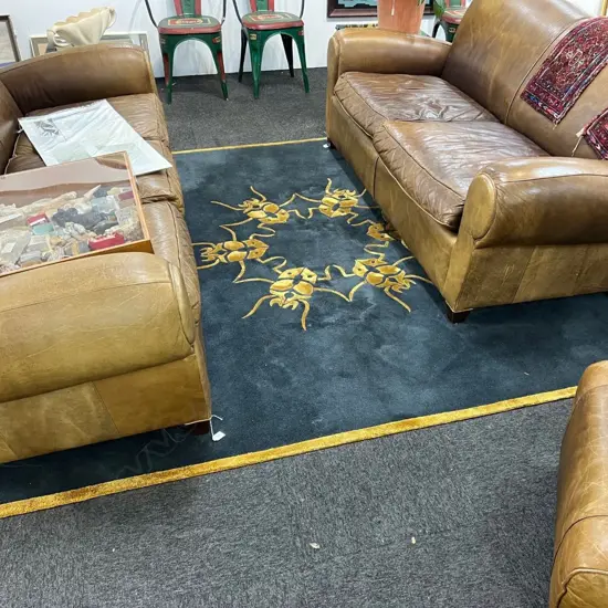 LARGE DESIGNER MACHINE knotted RUG with beetle design radiating in gold on dark blue grey 2280 x 2500mm.