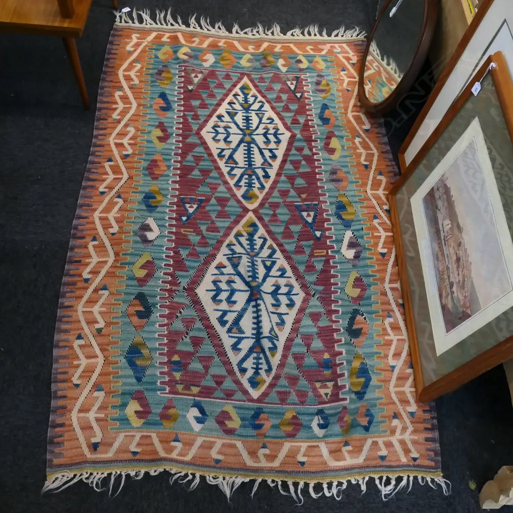 SMALL KELIM RUG SOFT ORANGE PINK & BLUE COLOURS L1760 W1100 Image 1++