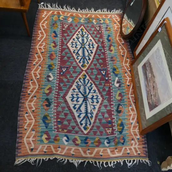 SMALL KELIM RUG SOFT ORANGE PINK & BLUE COLOURS L1760 W1100