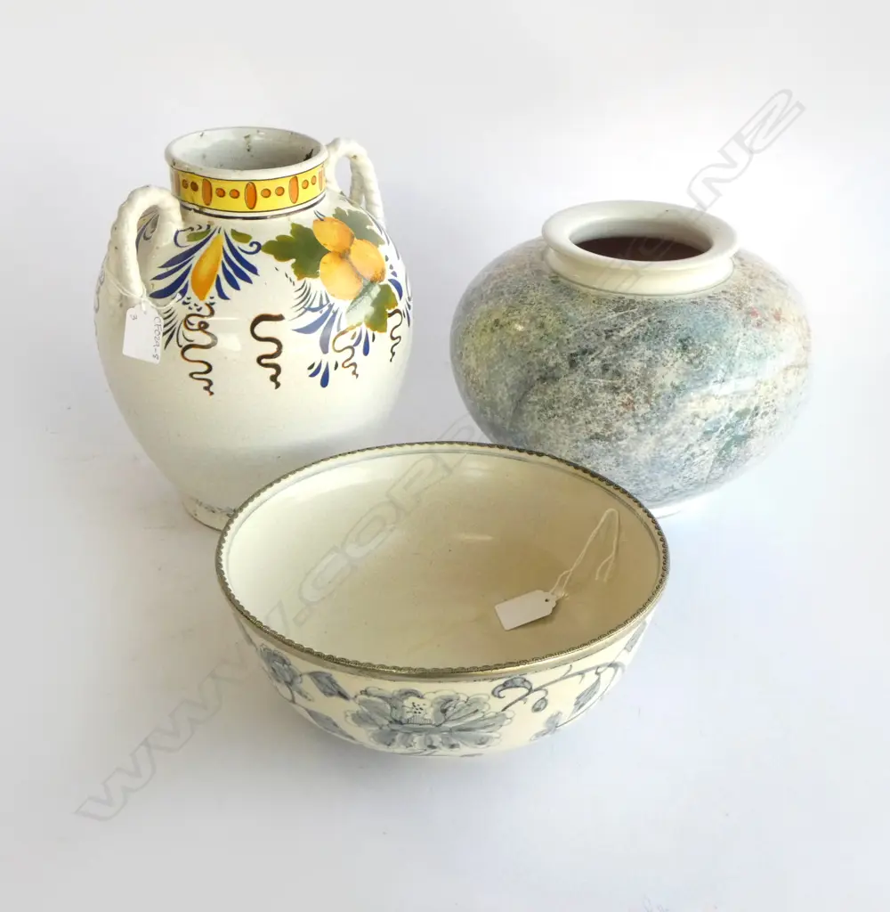 FRENCH COUNTRY VASE + VASE & WHITE METAL RIMMED BOWL Dia.245mm Image 1++