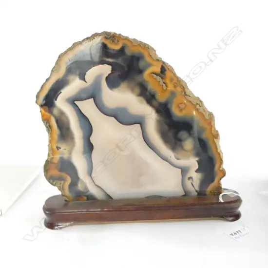 LARGE NATURAL SLICED AGATE ON WOOD STAND
