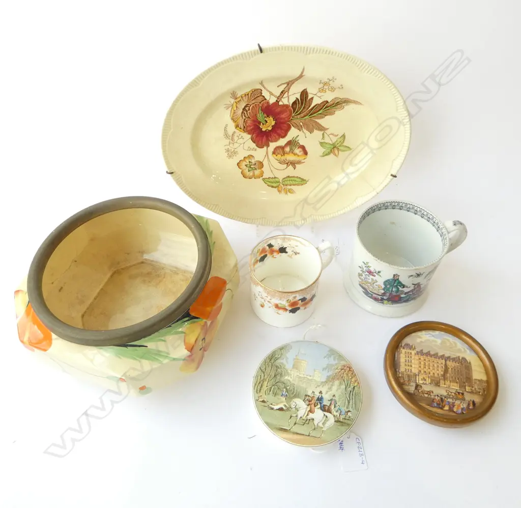 2 PICTORIAL POT LIDS, ROYAL ALBERT CUP, 'GEORGIAN SPRAY' CLARICE CLIFF PLATES (FAULT) etc Image 1++