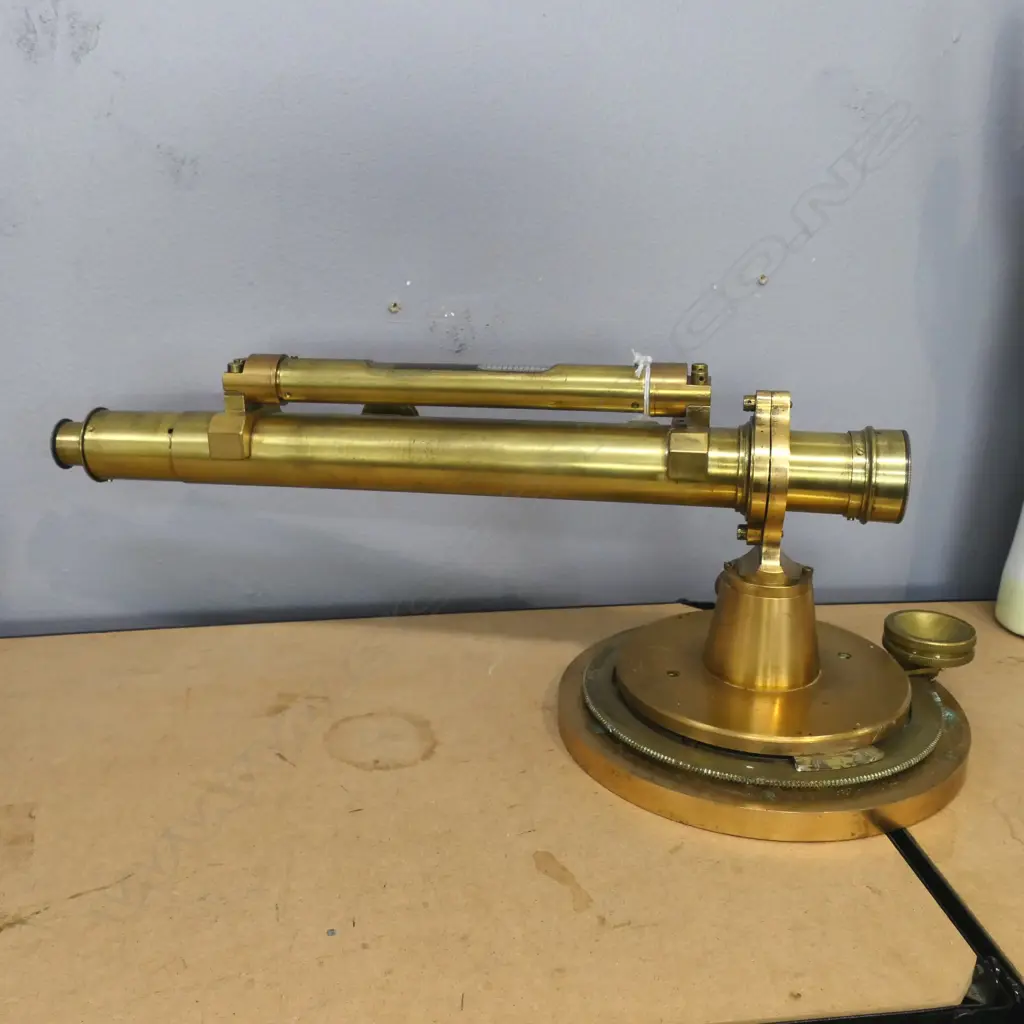 OLD BRASS SIGHTING COMPASS LEVEL with graduated compass bearing turning plate. L.390mm Image 1++