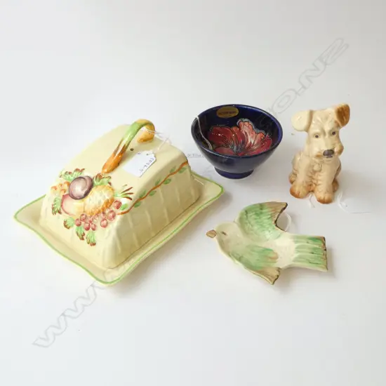 CLARICE CLIFF BIRD DISH, MOORCROFT BOWL, SYLVAC DOG + A.J. WILKINSON DISH