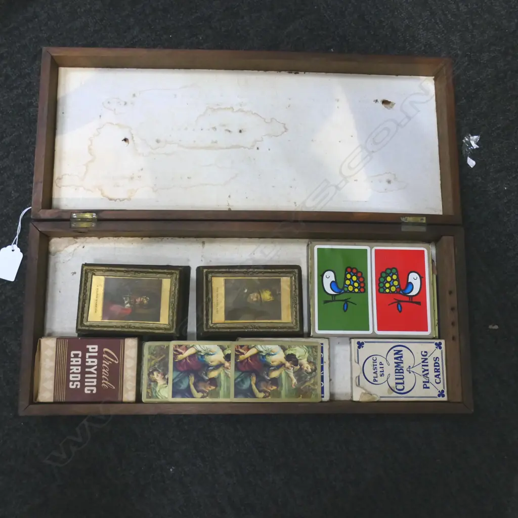 ANTIQUE INLAID GAME BOX & VINTAGE CARDS L430MM Image 1++
