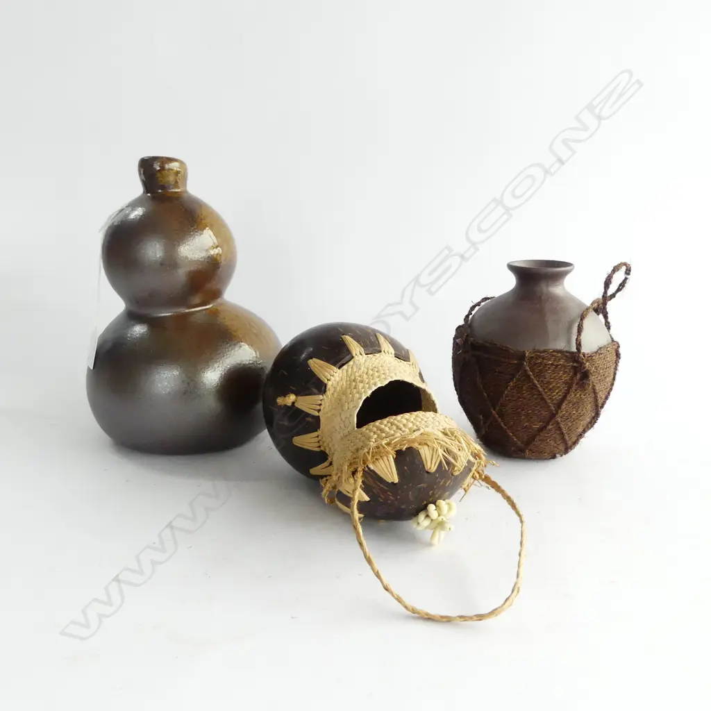 GLAZED POTTERY GOURD FORM VASE H.260mm + 2 OTHER VESSELS  Image 1++