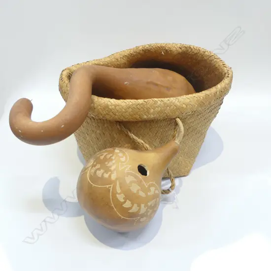 WOVEN KETE & 2 GOURDS 1 CARVED 