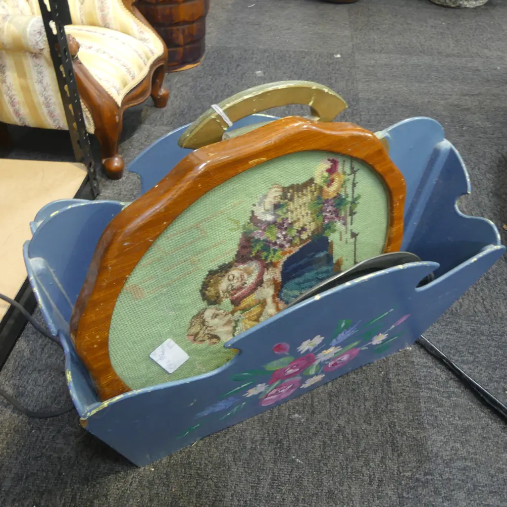 3 PEWTER PLATES 235mm dia, MAGAZINE RACK, FRAMED NEEDLEWORK Image 1++