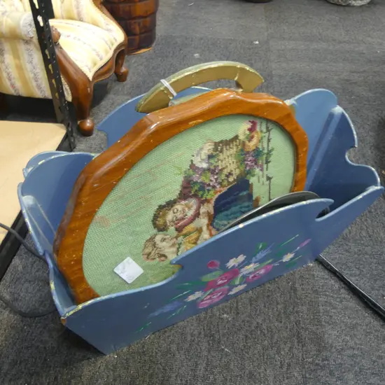 3 PEWTER PLATES 235mm dia, MAGAZINE RACK, FRAMED NEEDLEWORK