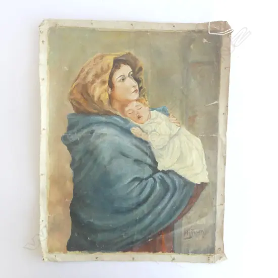 UNFRAMED VINTAGE OIL on CANVAS ' MADONNA & CHILD' SIGNED THYSSEN, H.400 x 300mm