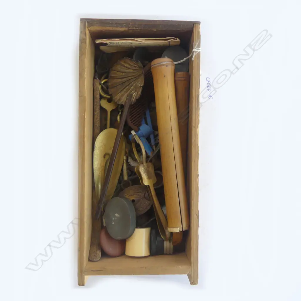 OLD JAPANESE DRAWER WITH MULTIPLE OLD COLLECTABLES. silver shell bowled spoon + brass tweezers & folding spoon hook... Image 1++