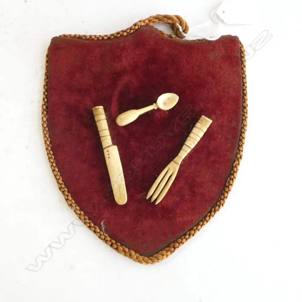 19thC carved BONE CHILDS EARLY KNIFE SPOON & FORK SET on red velvet shield wall panel Image 1++