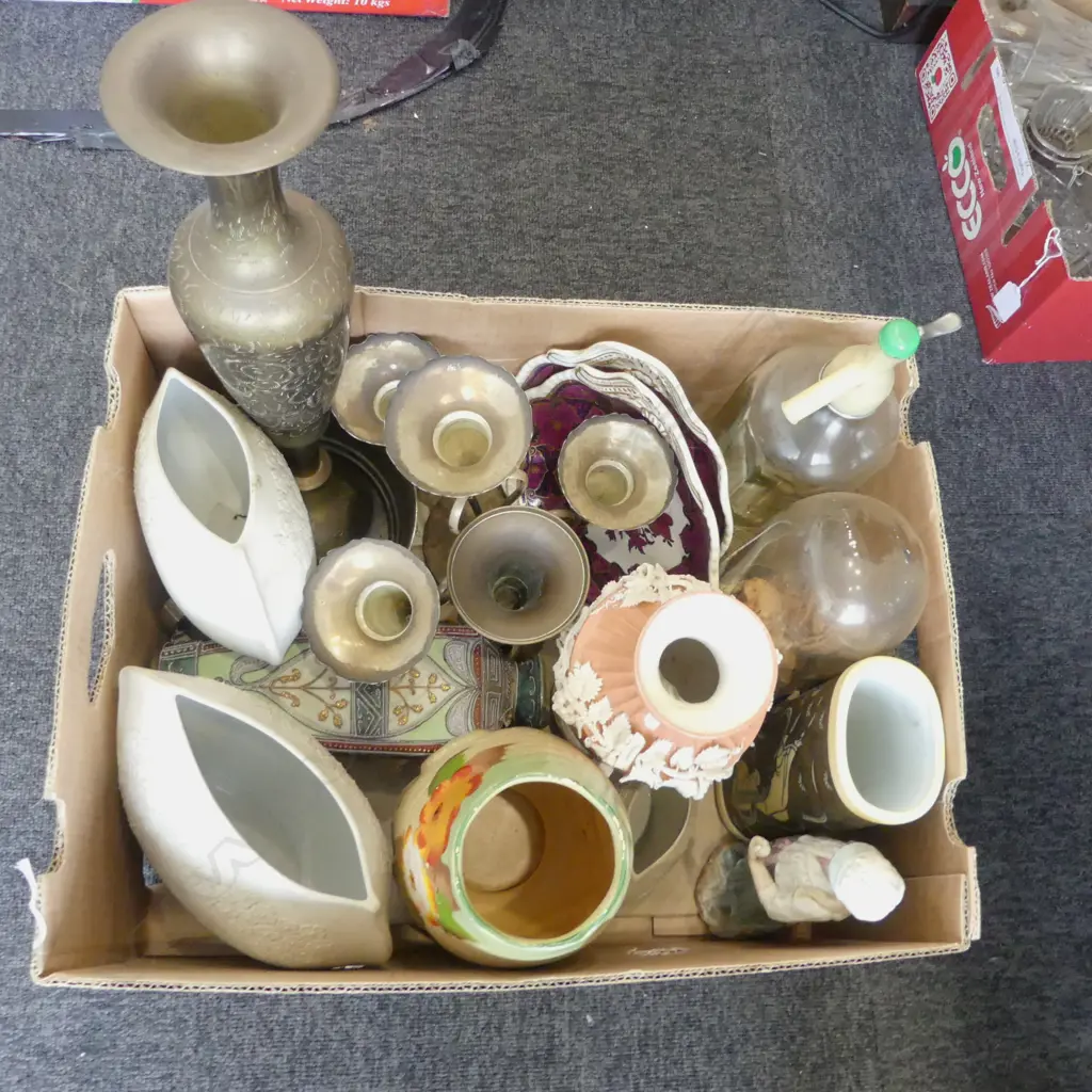 BOX LOT SODA SYPHON BRASS VASES EP CHINA & GLASS SOME FAULTS Image 1++