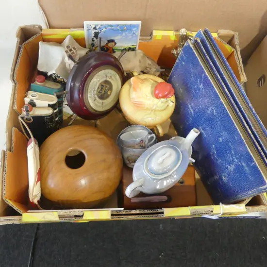 BOX LOT VINTAGE COLLECTABLES CIG CARD ALBUMS CLOCK BAROMETER ETC