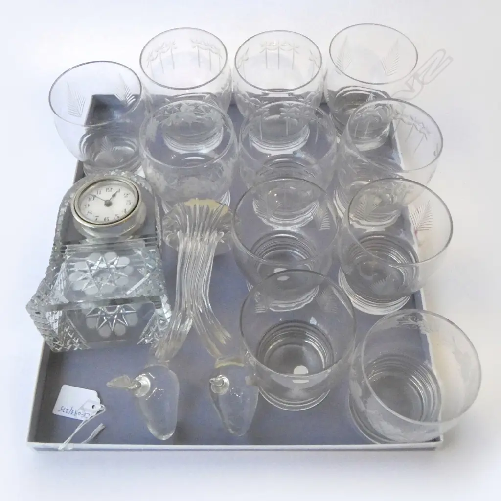 TRAY OF 11 STUART CRYSTAL TUMBLERS MIXED PATS CRYSTAL CLOCK H160MM & BIRD ORN Image 1++