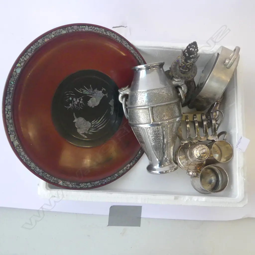 TRAY LOT CROME CHINESE VASE INLAID TRAY BRONZE BASE EP ETC Image 1++