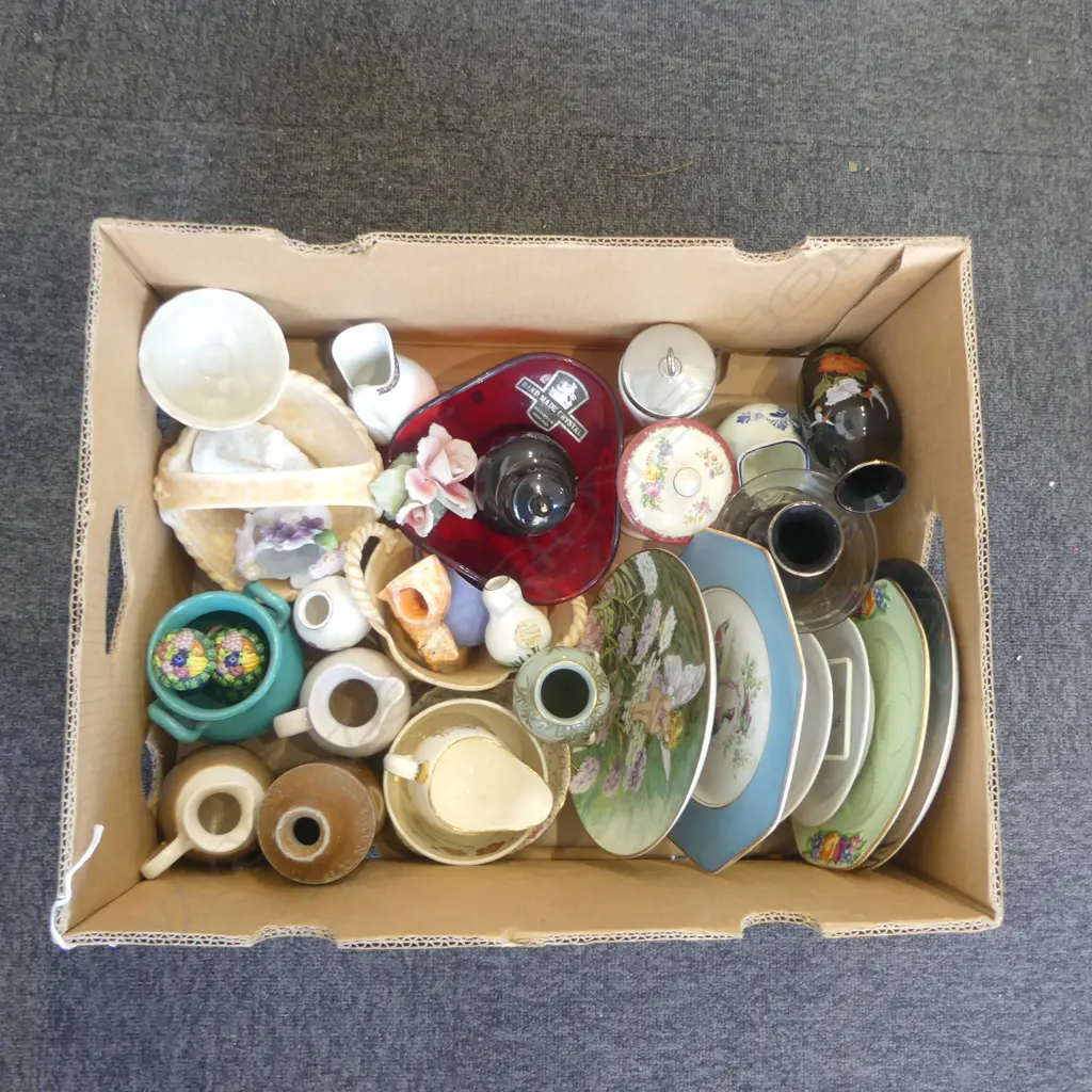 BOX LOT CHINA PLATES GLASS & CHINA ORNS VASES ETC Image 1++