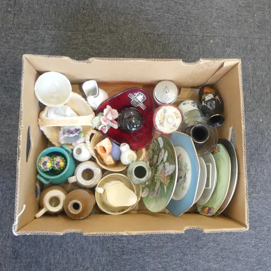 BOX LOT CHINA PLATES GLASS & CHINA ORNS VASES ETC