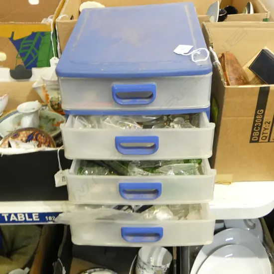 4 TEIR PLASTIC CONTAINER FULL OF CHANDERLER DROPS LUSTERS ETC H280MM