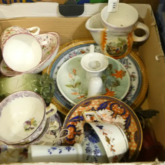 TRAY OF ANTIQUE CHINA C/S PLATES CHAMBERSTICK ETC