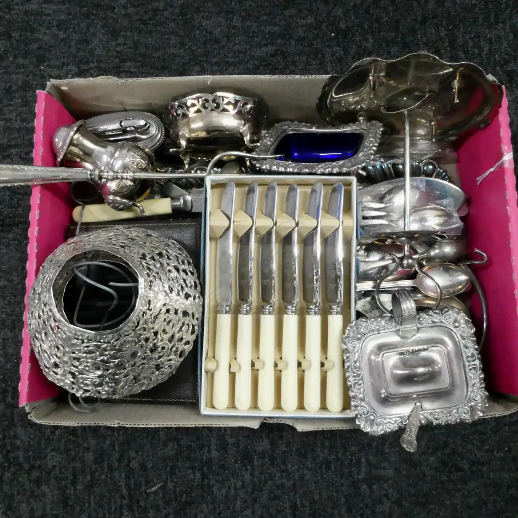 ASST. SILVER PLATE CUTLERY/UTENSILS & SALT CELLAR, MUSTARD POT & UNUSED IVORINE BREAD KNIVES Image 1++