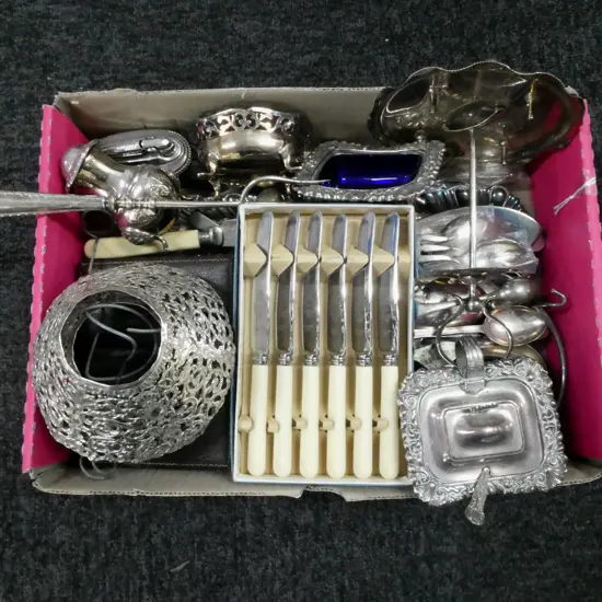 ASST. SILVER PLATE CUTLERY/UTENSILS & SALT CELLAR, MUSTARD POT & UNUSED IVORINE BREAD KNIVES