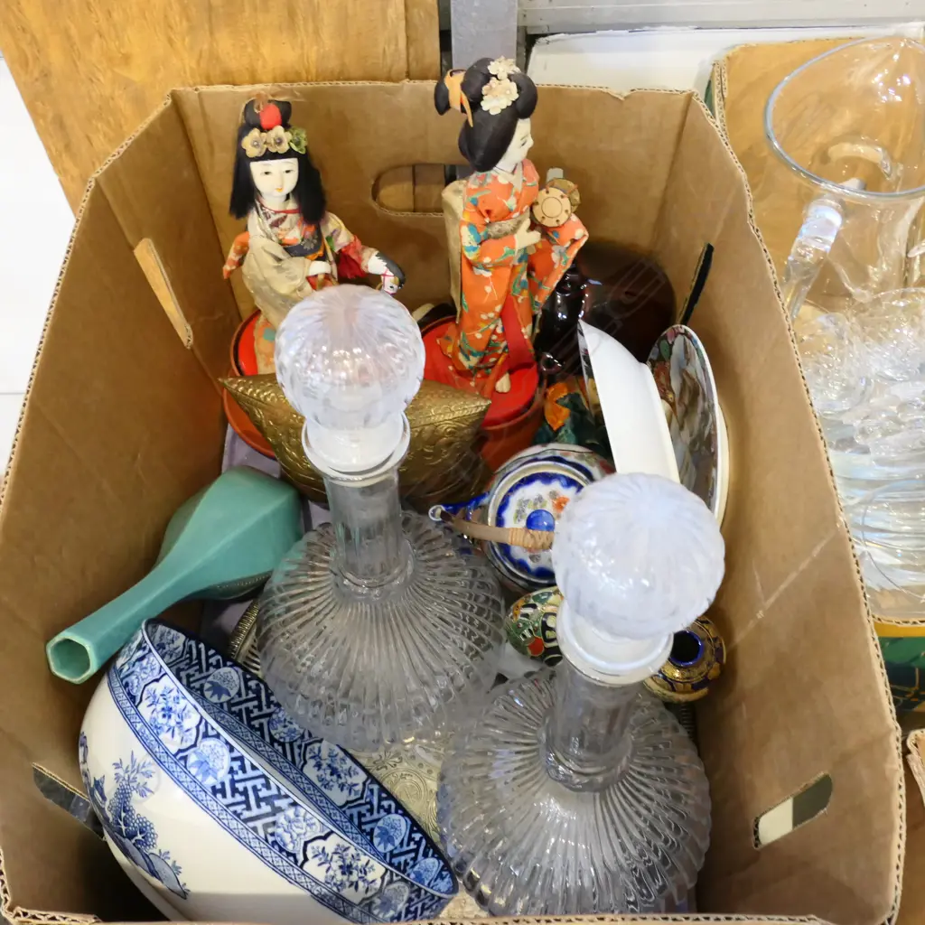 ASST. COLLECTABLES, ORIENTAL CHINA, JAPANESE DOLLS, 2 GLASS DECANTERS etc Image 1++
