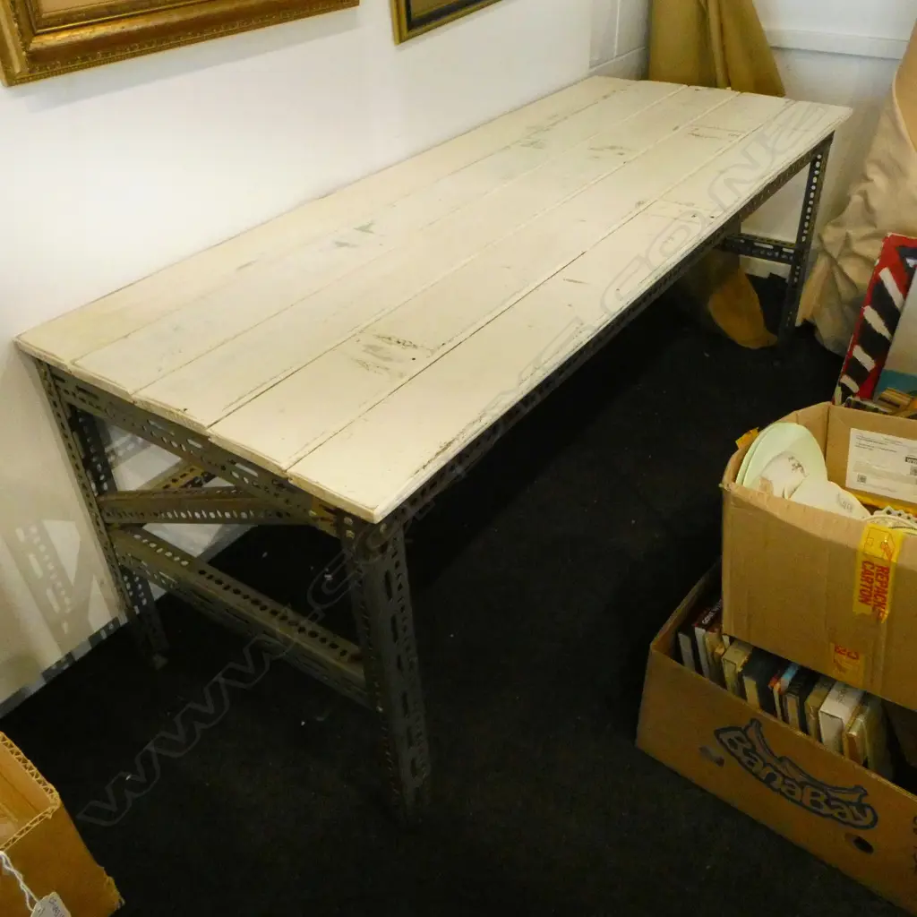 INDUSTRIAL STYLE TABLE - WHITE PAINTED PLANK TOP 1720x690x700mm Image 1++