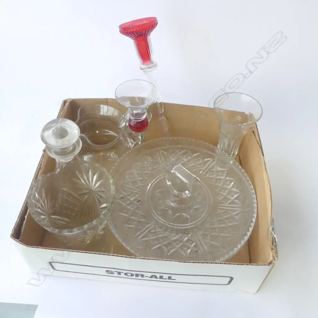 TRAY OF CRYSTAL BOWL HANDLED DISH 2 VASES DECANTER JUG & 2 CANDLESTICKS Image 1++