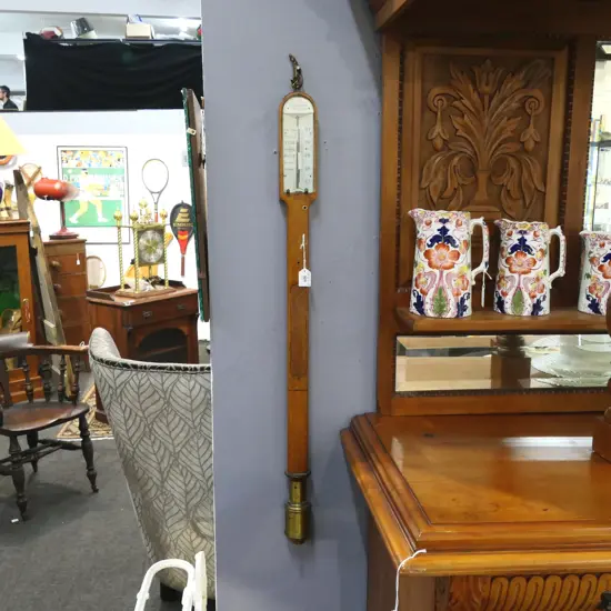 VICTORIAN OAK BRASS & IVORY STICK BAROMETER by D.Herone of Glasgow. Thermometer missing from center. L.940mm