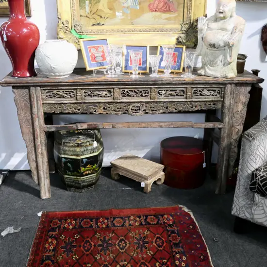 ORIENTAL CARVED WOODEN RUSTIC HALL TABLE