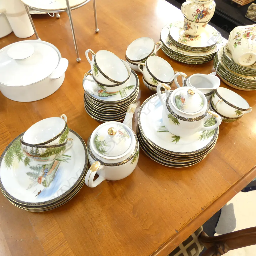 VINTAGE JAPANESE KUTANI EGGSHELL PORCELAIN TEASET w Lithophane GEISHA GIRL in BOTTOM of CUPS Image 1++