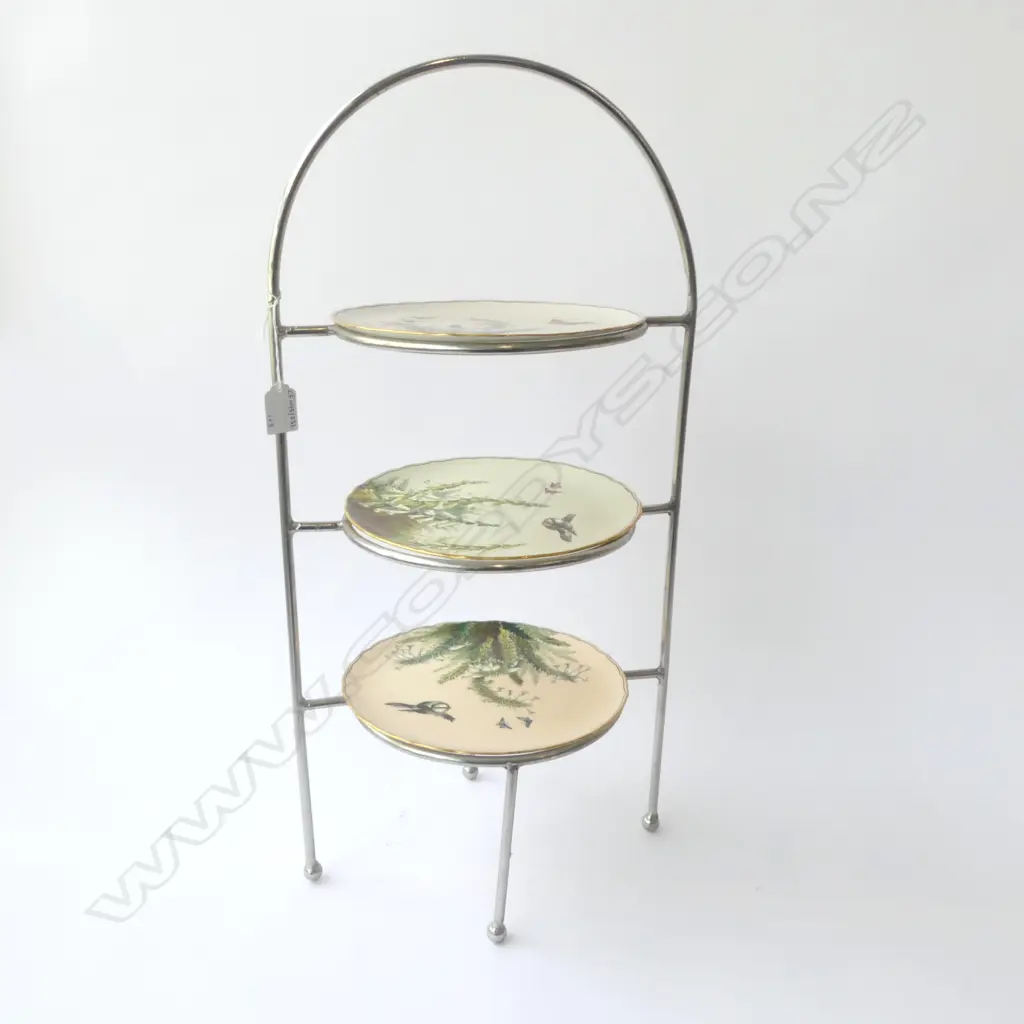 3 TEIR EP PLATE STAND H640MM WITH 3 HAND PAINTED ANTIQUE BIRD PLATES DIA 230MM Image 1++