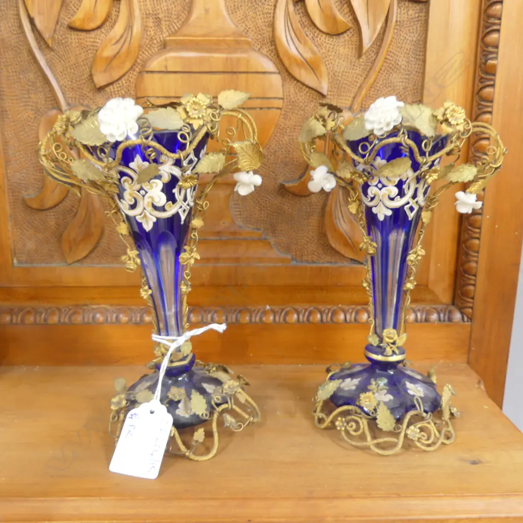 PR BLUE CRYSTAL VASES w. METAL DECORATION H.175mm Image 1++
